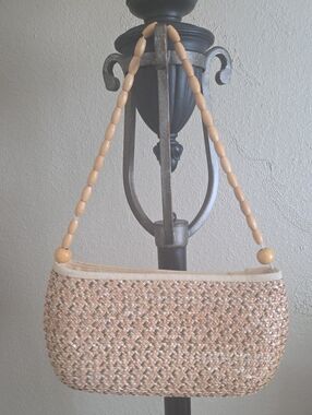 Woven Straw Shoulder Bag with Beaded Strap - Natural Beige